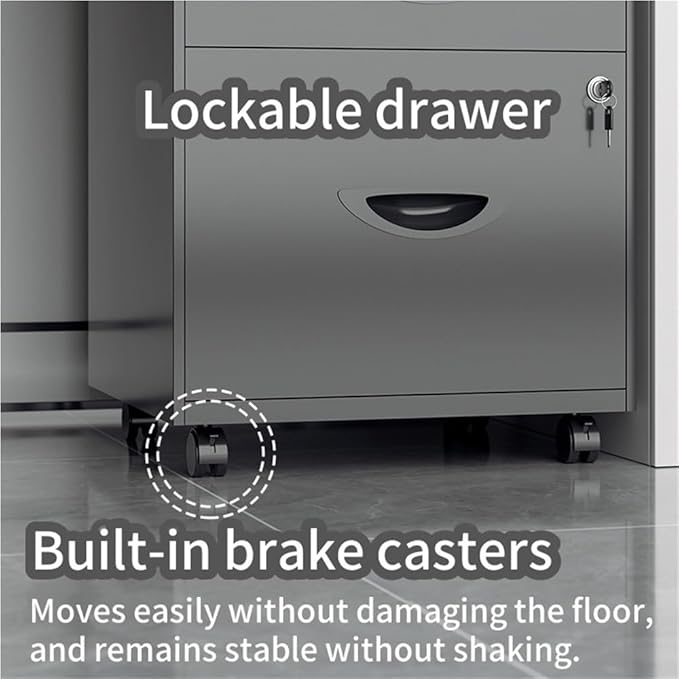 Mobile Metal File Cabinet Vertical Rolling File Cabinet with Lockable Wheels Movable Locking Cabinet Low Storage Cabinet with 2 Drawers for Office