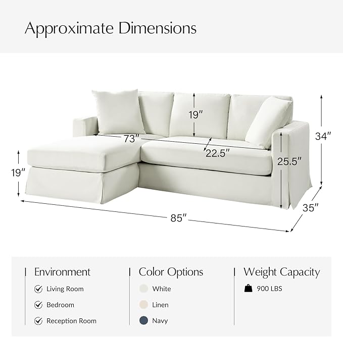 HULALA HOME 85 Slipcovered Sofa with Removable &amp Washable Cover 3-Seater Farmhouse Chaise Sofa with Down-Filled Cushions Comfy Upholstered Couch for Living Room Bedroom White