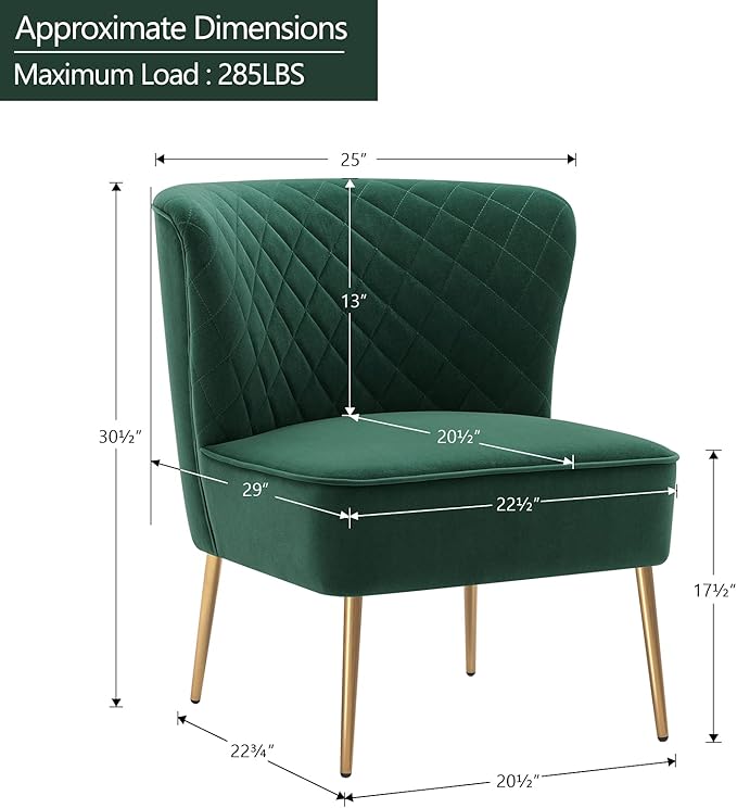 DUHOME Velvet Accent Chair Armless Slipper Chair Vanity Makeup Chair with Back Upholstered Sofa with Golden Legs Barrel Chair for Living Room Bedroom Dark Green