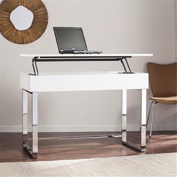 BOWERY HILL Modern Adjustable Height Wood &amp Metal Sit-Stand Desk 47.75 W x 23.75 D x 32 H High Gloss White Finish Ergonomic Lift-Top with Hidden Storage Contemporary Style Home Office Desk