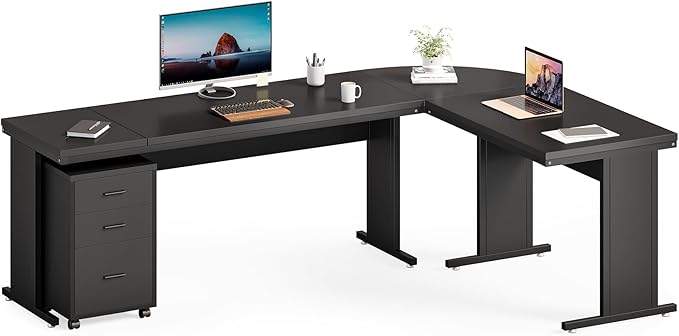 LITTLE TREE 82.67 Long Executive Desk Large L-Shaped Computer Office Desk with 3-Drawer Mobile File Cabinet Industrial Business Furniture Desk Workstation for Home Office Black