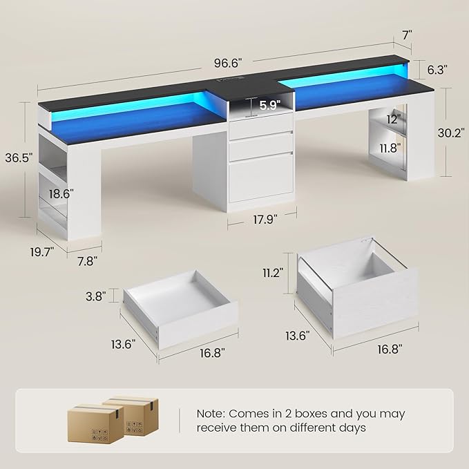 96.6 Long Computer Desk 2 Person Desk with LED Lights &amp Power Outlet Modern Two Person Gaming Desk with File Drawers Monitor Stand Printer Shelf ＆ Storage Double Table for Home Office White