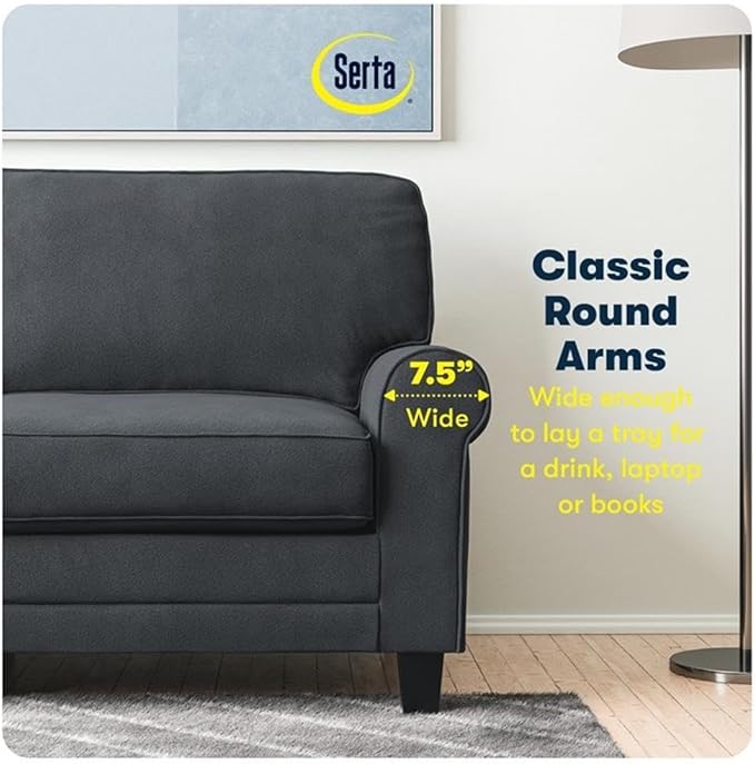 BOWERY HILL 61 Rolled Arm Loveseat Sofa Charcoal Upholstered Pill-Resistant Polyester Compact Space-Saving Design with Removable Covers Solid Wood Frame Modern Living Room Seating