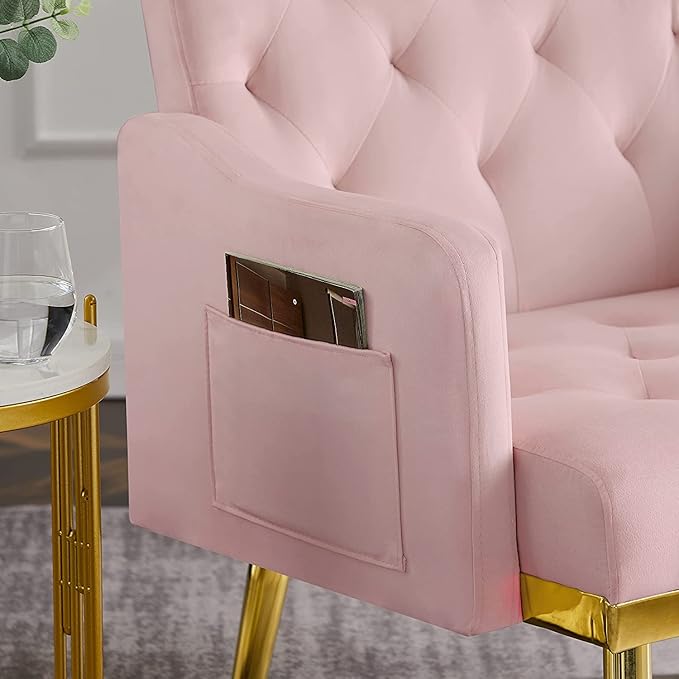 Velvet Tufted Accent ChairModern Upholstered Accent Living Room ChairComfy Armchair with Rose Golden Metal LegsTufted Singe Sofa Chair for Reading or Loungingfor Bedroom Office Decorative (Pink)