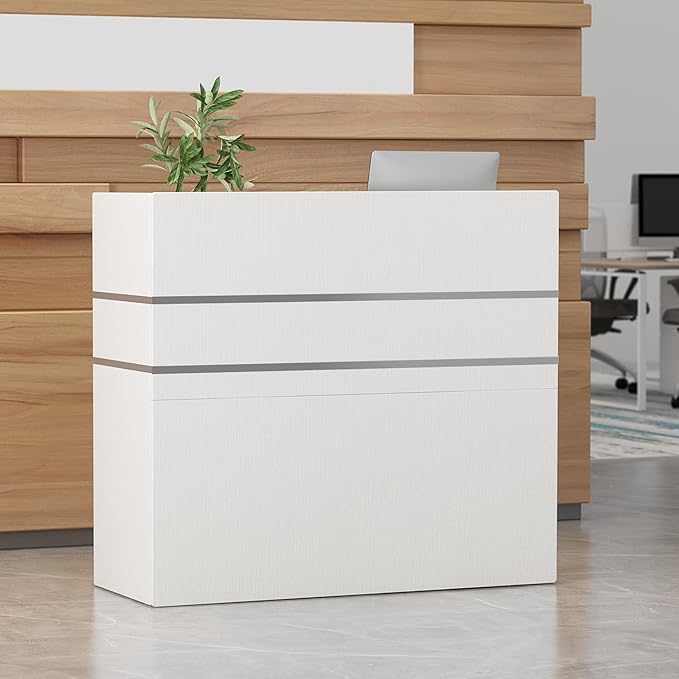 Homsee Modern Reception Desk with 3 Drawers 1 Door Storage Cabinet &amp Hutch Shelf Office Wooden Computer Desk Writing Study Table PC Laptop Desk White (47.3 L x 18.3 W x 43.3 H)