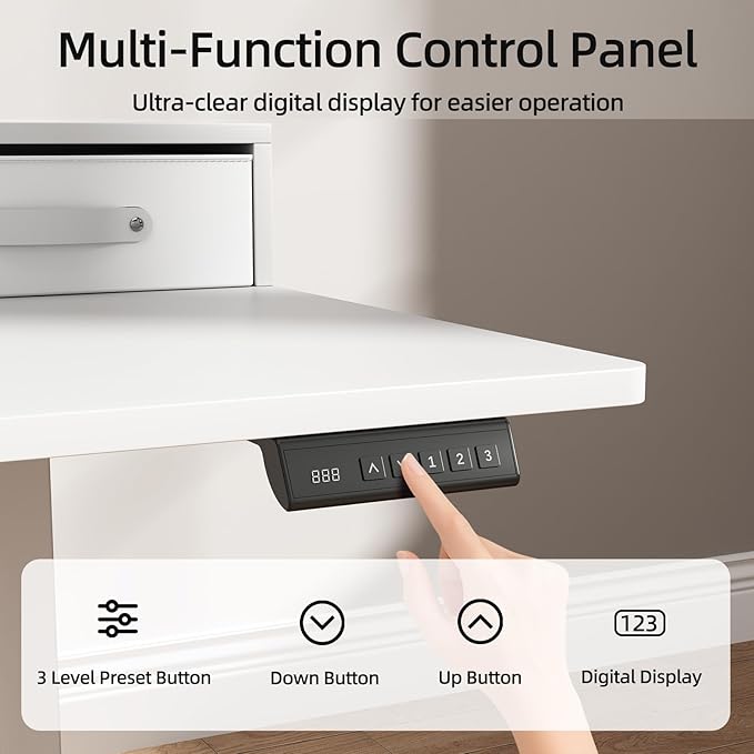 55x24 Inches Standing Desk with Drawers Electric Computer Desk with Open Storage Shelf Stand Up Desk Adjustable Height 28-46 Inches for Home and Computer Workstation White