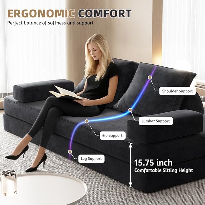 86.6 Queen Floor Sleeper Sofa Bed | Convertible Foam Folding Mattress Couch | King Size Futon Couch Bed for Adjustable Backrests | Sleeper Lounge Chair for Living Room Playroom Apartment Dark Grey