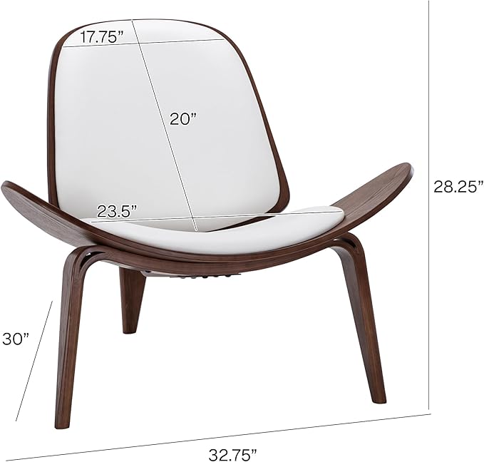 Belleze Mid-Century Modern Shell Side Accent Tripod Plywood Lounge Chair Walnut Upholstered Faux Leather White