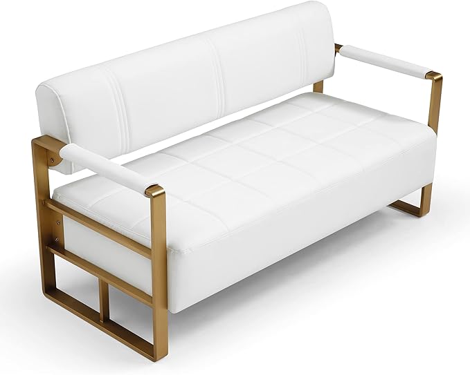 Modern Faux Bonded Leather Loveseat Sofa with Golden Metal Arms 2 Seater Sofa Couch Small Love Seats for Office Apartment Living Room (White01)