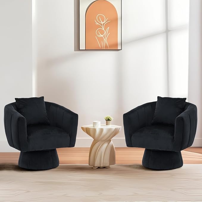 Karl home Swivel Accent Chair Set of 2 Comfy 360° Swivel Barrel Chair Modern Velvet Fabric Living Room Chair with Fluffy CushionsUpholstered Armchair for Living Room/Bedroom/Lounge Black