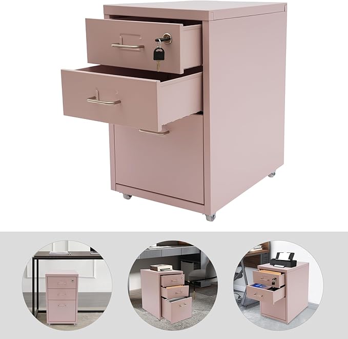 File Cabinet 3 Drawer Mobile Metal Storage Cabinets with Lock and Wheels Vertical Filing Cabinet Under Desk Document Classification Organizer for Office Home Study Dresser (Pink)