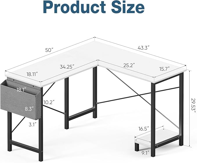 OLIXIS L Shaped Desk 50-Inch Office Computer Gaming Desks Corner PC Table with Side Bag and Reversible Shelf for Home Work Study Writing White