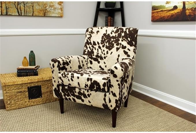 Pemberly Row Rolled Arm Lounge Chair 35 H x 28 W x 30 D Fabric Cowprint Design Cowhide Brown Finish Contemporary Accent Chair for Living Room or Bedroom