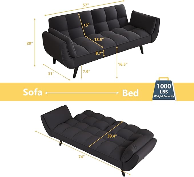 Velvet Futon Sofa Couch Bed with 2 Pillows Convertible Folding Futon Couch with Adjustable Backrest Love Seat Sleeper Sofa Bed for Small Spaces Living Room Office Apartment (Black)