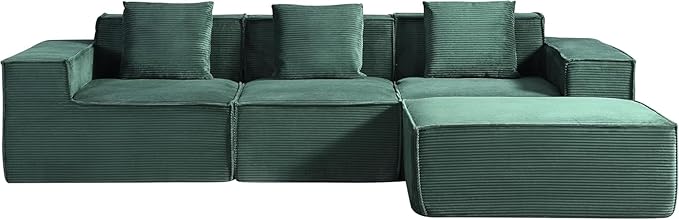 Harper Convertible Corduroy Sectional Couch with Ottoman &amp Pillows Modular L Shaped Sleeper Sofa Boneless Cloud Couch for Living Room Furniture Dark Green