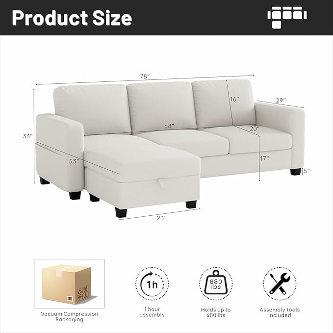 Sectional Sofa Couches for Living Room-78''Convertible Modular Three-Seater L-Shaped Pet-Friendly CouchWashable Sofa Cover-Bench StorageSuitable for Small Living RoomApartmentOffice-Beige