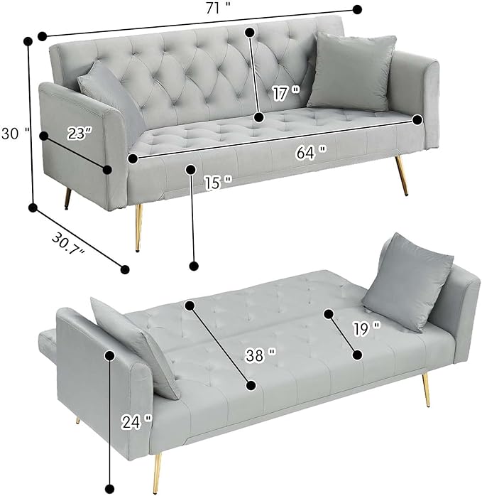 71Convertible Futon Sofa Bed - Modern Velvet Sleeper Couch with Adjustable Backrest Tufted Recliner with Golden Chrome Legs &amp 2 Pillows Perfect for Small Spaces Living Room &amp Apartment (Gr