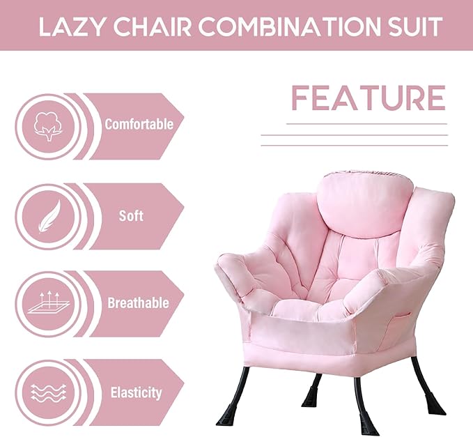 LITA Lazy Chair with Armrests and Side Pocket Modern Upholstered Accent Reading Chair for Living Room Bedroom Dorm Small Spaces Single Pink