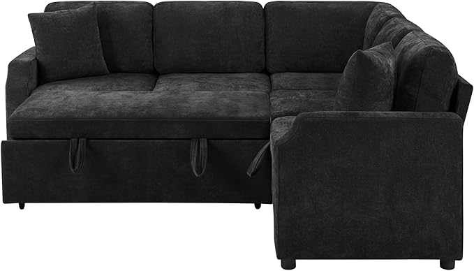 81.9 Sectional Sofa Convertible Pull-Out Sofa Bed Upholstered L-Shaped Sofa Couch with a Sofa Sleeper and a Hidden Storage Compartment for Living Room Apartment (Black-7.2)