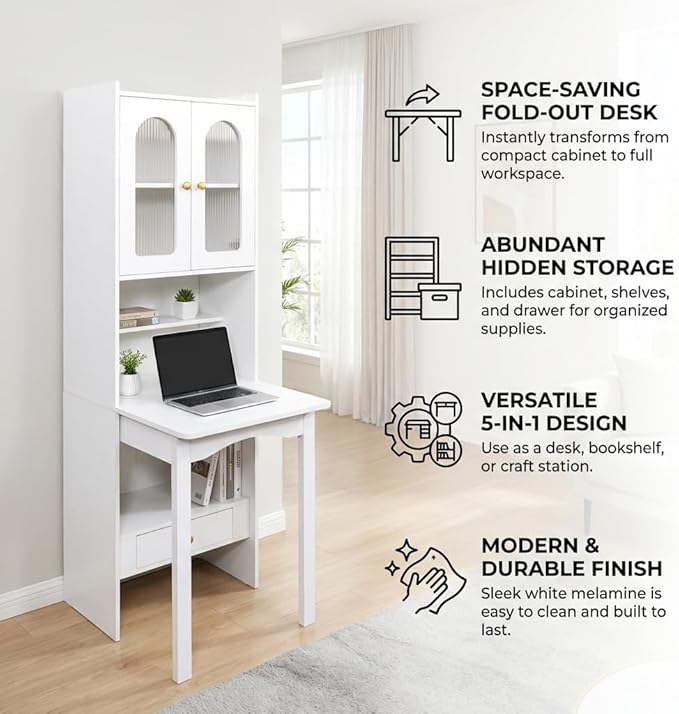 Fold Out Desk with Storage Hidden Desk Craft Storage Cabinet - Space Saving Fold Out Table with Drawer &amp Shelves 5-in-1 Multi-Functional Workstation for Home Office Living Room Bedroom (White)