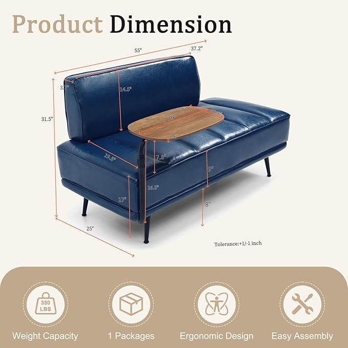55 Sofa Couch for Living Room with 360° Swivel Side TableUpholstered Small Couches for Bedroom Office or Apartment (Blue)