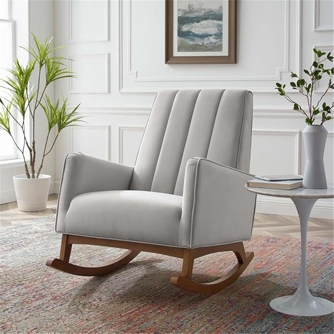 Maklaine Modern Performance Velvet Rocking Chair 36.5H x 27.5W x 39D Light Gray Upholstery Stain-Resistant Fabric Channel Tufting Wooden MDF Base Comfortable Accent Chair for Living Room or
