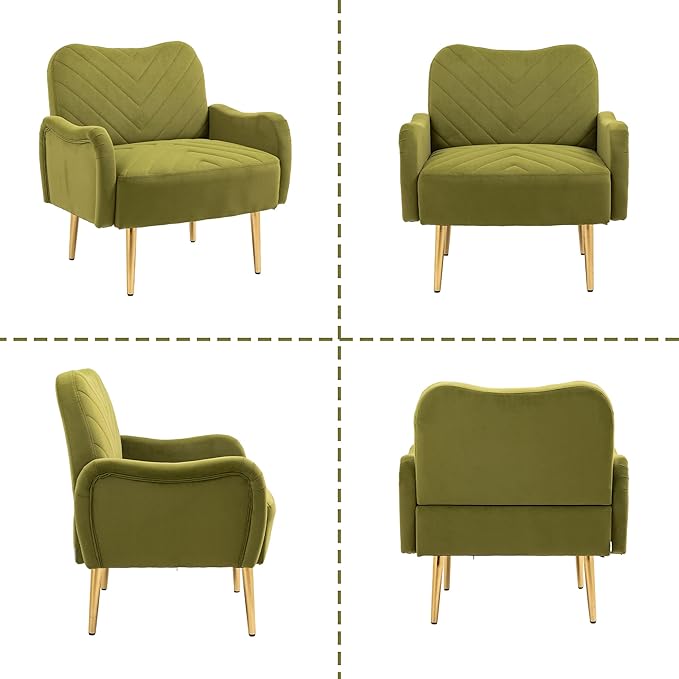 Velvet Accent Chair Comfy Upholstered Living Room Arm Chair Single Reading Sofa Chairs for Bedroom Office Small Spaces Waiting Room Furniture (Olive Chair)