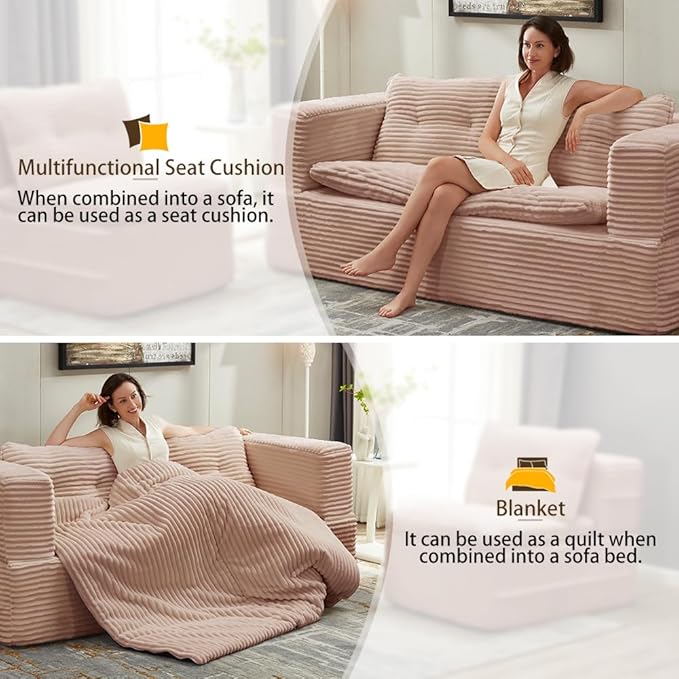 80'' Futon Sofa Bed with 3 Pillows and BlanketKing Size Convertible Sofa Bed2 Seat Sofa Bed and +1 ChaiseNo AssemblyCozy Corduroy Folding Mattress Couch for Living Room Apartment Office (Pink)