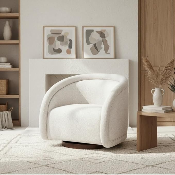 Scott Living Sabbo Beige Bouclé Swivel Chair with Walnut-Finished Solid Wood Base Comfy Swivel Accent Chair Upholstered Lounge Sofa Chair for Living Room/Bedroom Beige + Walnut