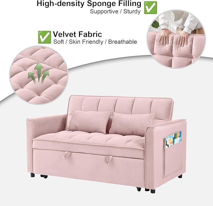 3 in 1 Convertible Sofa Bed Pull Out Couch with Adjustable Backrest Velvet Sleeper Sofa Loveseat with Pillows and Side Pockets for Living Room Bedroom Apartment Pink