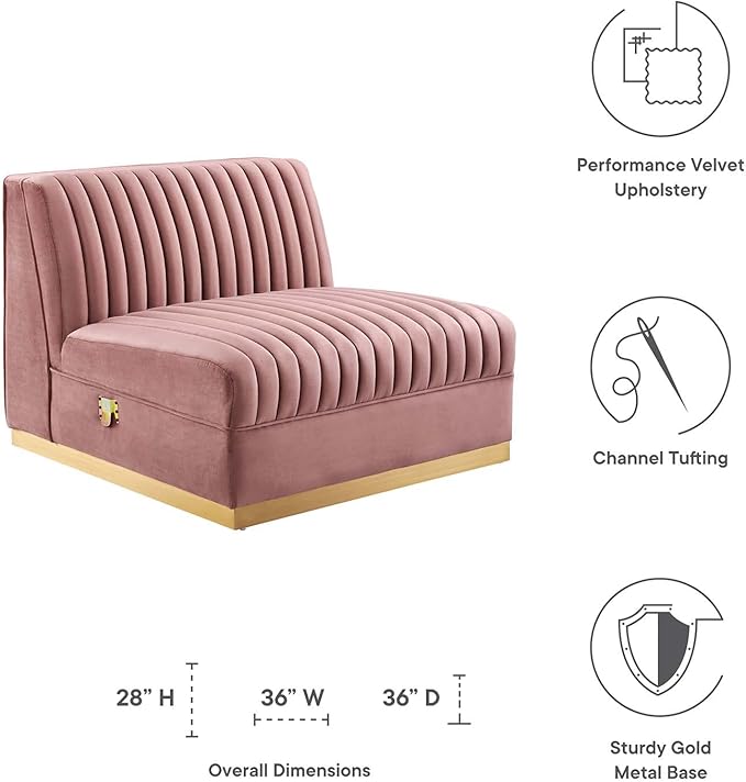 Modway Sanguine Channel Tufted Upholstered Performance Velvet Modular Sectional Sofa Armless Chair in Dusty Rose