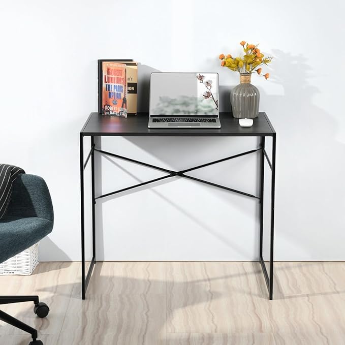 FurnitureR Modern Writing Desk with Metal Base 31/39 Inches Home Office Desk Compact Computer Desk Working Station Simple Style Study Table (39 Inch Black)