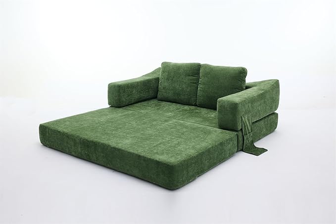 LUMISOL 70 Folding Pull Out Sofa Bed Convertible Futon Sofa Bed with Removable Armrests &amp Side Pockets Portable Foldable Floor Sleeper Sofa Couch with 2 Pillows for Living Room Green