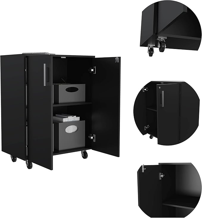 Mobile Filing Cabinet with 2-Tier Black Particle Board Double Door Metal Hardware Classic Small Storage Cabinet for Home Office Study Room