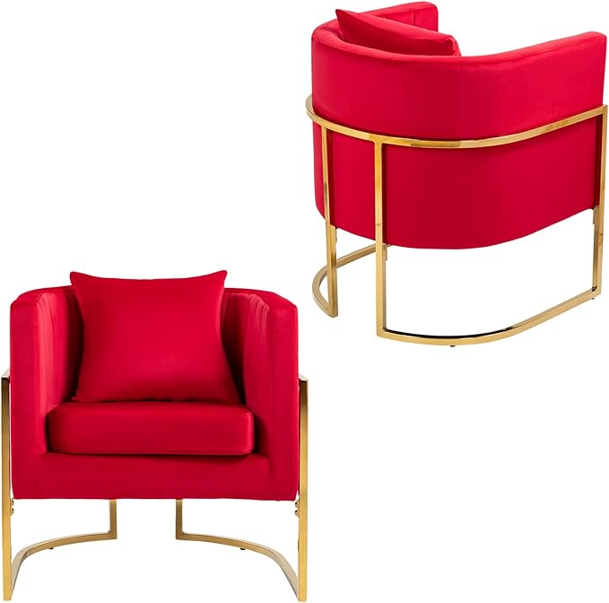 Velvet Modern Accent Chair Upholstered Barrel Armchair Mid Century with Pillow for Living Room Comfy Single Vanity Chair with Metal Gold Legs for Bedroom Rose Red