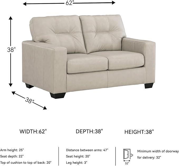 Signature Design by Ashley Santorine Classic Leather Match Loveseat with Tufted Cushion and Removable Cushion Light Gray