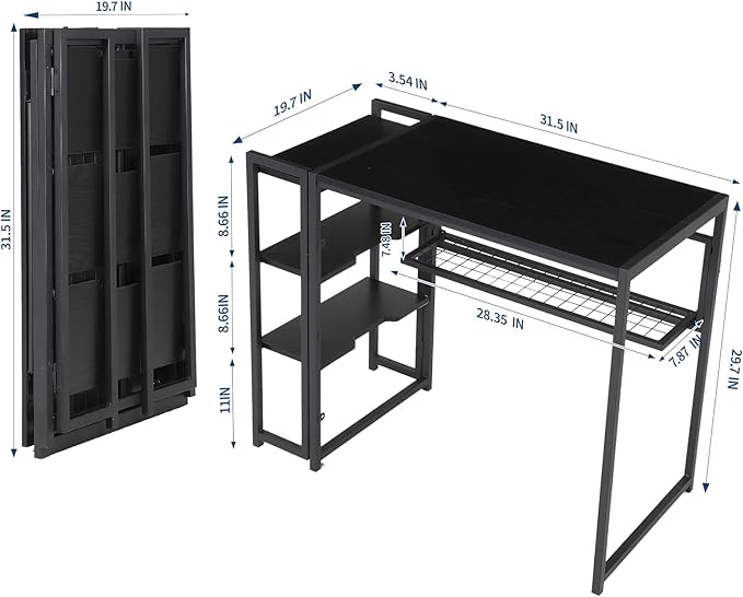 CABIHOME Folding Computer Desk Writing Computer Desk with Storage Shelf 35 Inch Spaces Saving Writing Sturdy Table No Assembly Home Office Bedroom Dorm Apartment Black