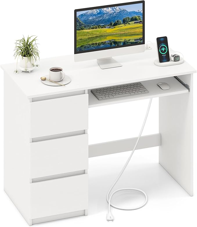 GOFLAME Computer Desk with 3 Drawers &amp Charging Station 42” Home Office Desk with Storage &amp Keyboard Tray Writing Desk PC Workstation Vanity Table (White)