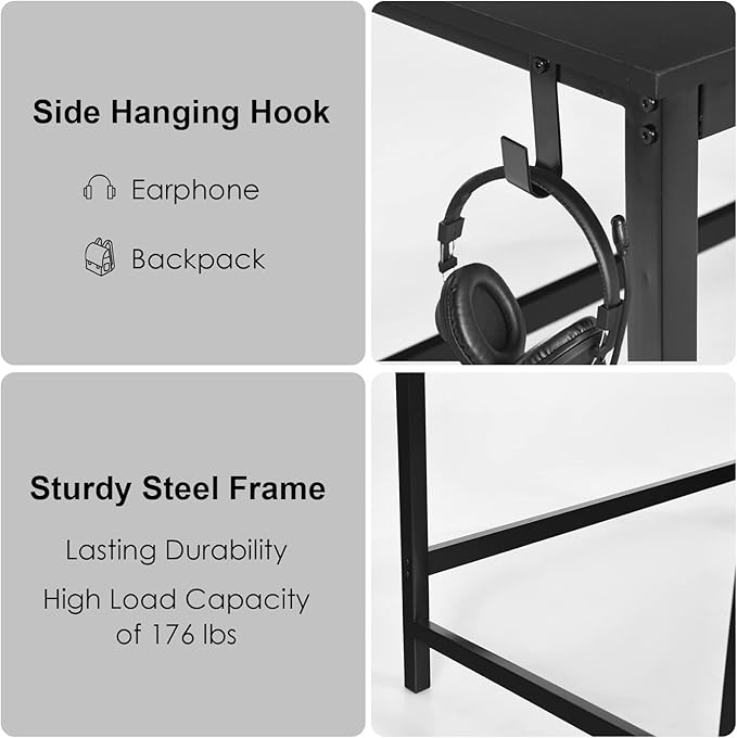 COSTWAY 59” Computer Desk with 2 Removable Storage Shelves Industrial Writing Workstation with Headphone Hook for Home Office Gaming Desk (Black)