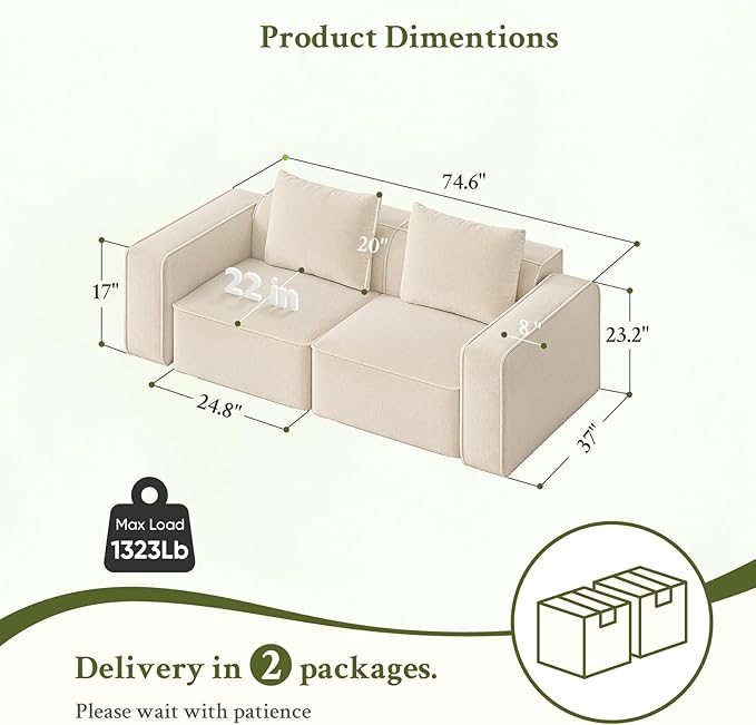 loveseat Sofa 75 Comfy Chenille Love Seat Small Couches for Small Spaces 2 Seater Modern Loveseat Deep Seat Chenille Sofas for Living Room Apartment Bedroom Beige