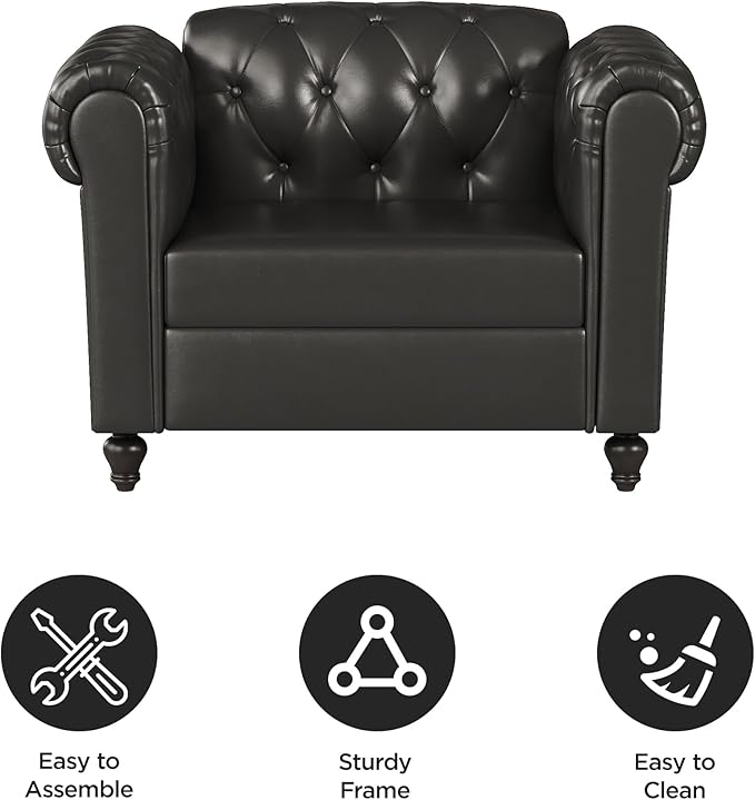 Black Faux Leather Accent Chairs Button-Tufted Upholstered Club Chair Retro Armchairs Mid Century Modern Accent Chair with Solid Wood Legs Cozy Chesterfield Couch Chairs for Living Room Bedroom