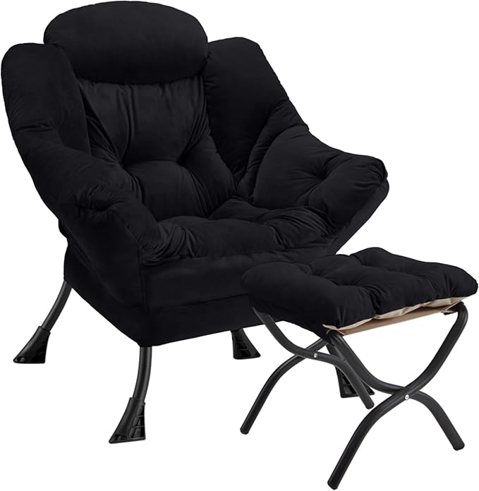 Lazy Chair with Folding Ottoman Modern Large Accent ChairContemporary Lounge Leisure Sofa Chair with Armrests Upholstered Sofa Armchair Reading Chair for BedroomDorm &amp Office(Black-f)