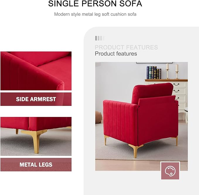 Kiztir Mid-Century Modern Velvet Accent Chair Comfy Upholstered Armchair for Living Room Bedroom Office Studio Lounge (RED)