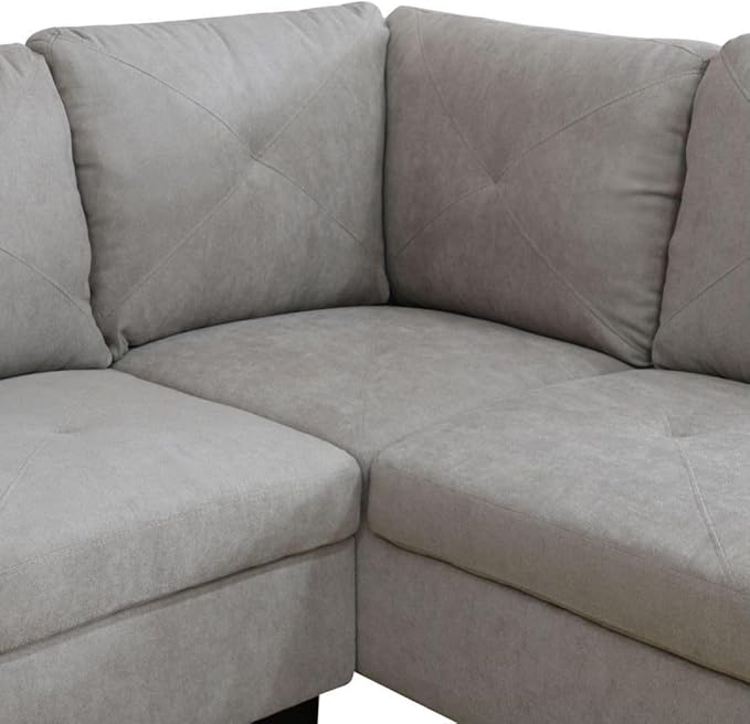 Grey White L-Shaped 3-Piece Flannelette Sofa with Storage Ottoman Set Sectional Couch Sofa Set for Living Room Office Small Space