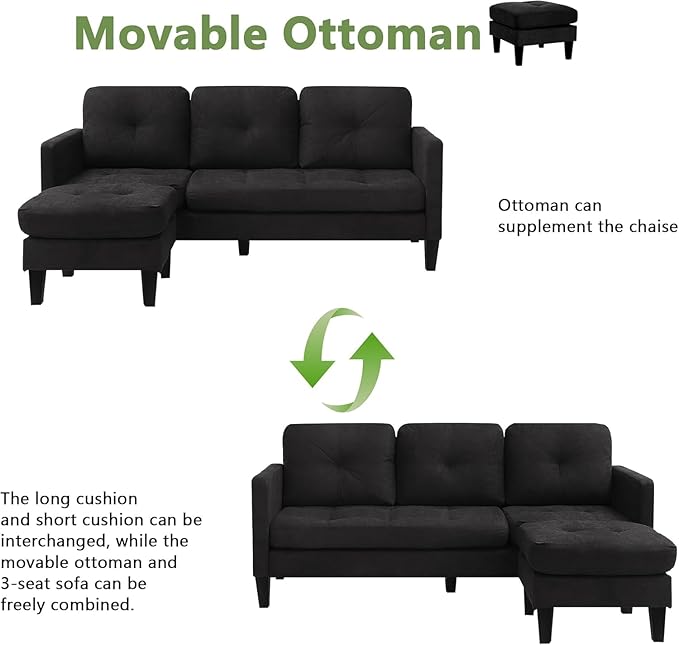 Convertible Sectional Sofa Couch for Living Room L-Shaped Couch 3 Seats Sofas Movable Ottoman Small Sofa Mid Century for Small Apartments Space Living Room and Office (Linen Fabric Black)