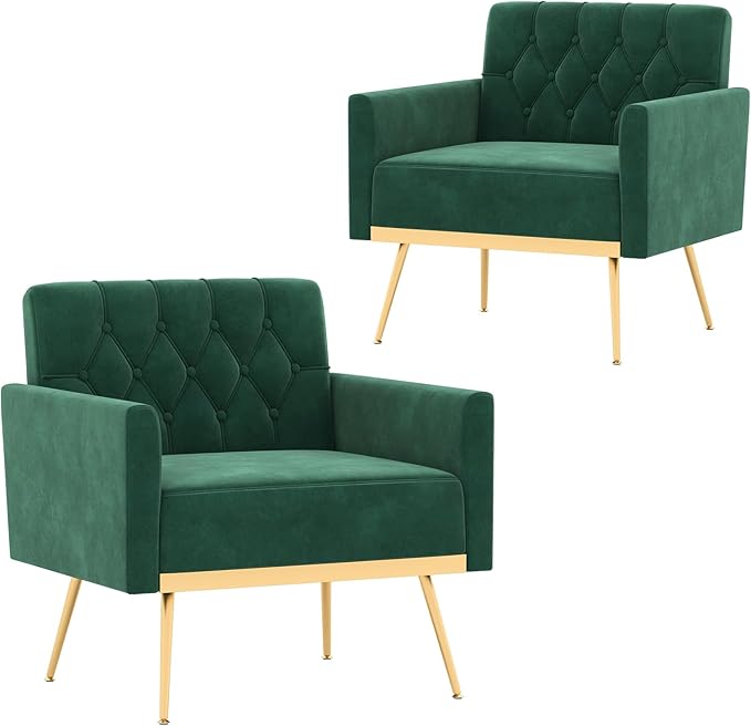 KOMFOTT Velvet Accent Chairs Set of 2 Modern Tufted Arm Chair with Golden Metal Legs &amp Adjustable Foot Pads Upholstered Sofa Chair Reading Chair for Bedroom Comfy Living Room Chairs Green