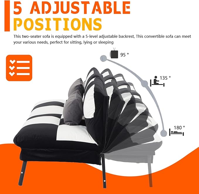 78 Modern Sofa Bed FutonConvertible Sleeper Bed Couch with 4 Reclining BackrestComfy Velvet Cloud Sofa Loveseat for Living Room Bedroom Office (Black+White)