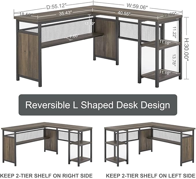 FATORRI L Shaped Desk Industrial Reversible Home Office Computer Desk with Wood Shelves Corner Desks with Metal Legs (Walnut Brown 59 Inch)