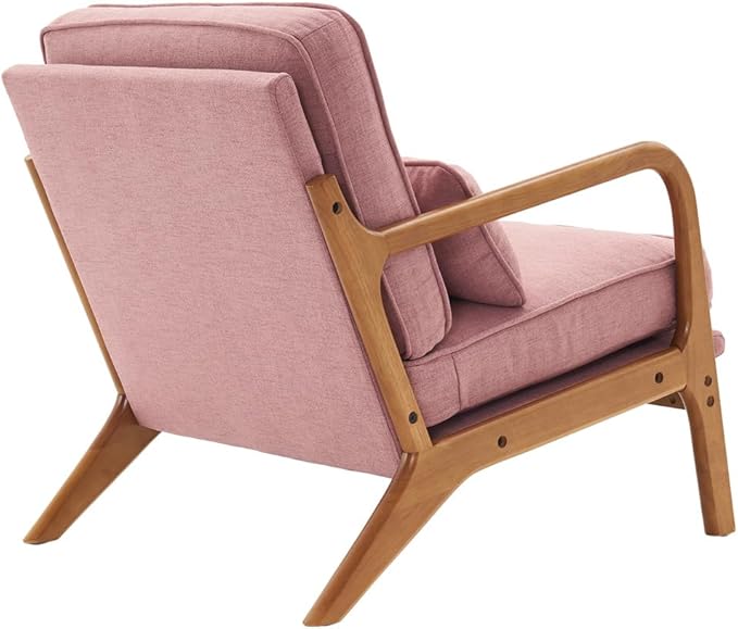 Accent Chair Mid-Century Modern Upholstered Armchair with Lumbar Pillow Comfy Lounge Chair Reading Chair with Solid Wood Frame &amp Soft Cushion for Living Room Bedroom Balcony Pink