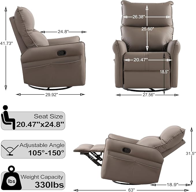 cinkehome Swivel Rocker Recliner Chair Modern Faux Leather Manual Recliner Glider Recliner 360 Swivel 30 Rocking Relaxing Living Room Bedroom